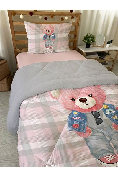 Evmila 160x220 cm Wellsoft Pink Teddy με μοτίβο σιλικόνης πάπλωμα και σετ ύπνου - διπλής όψης