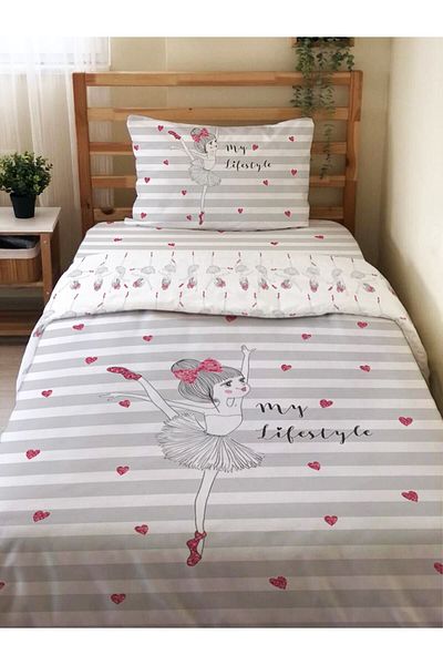 Evmila Double Sided Ballerina Girl Patterned - Printed Single Duvet Cover Set Gray