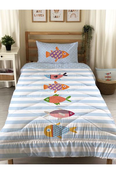 Evmila Fish Patterned Blue Striped Quilted Quilt, Single Sleeping Set