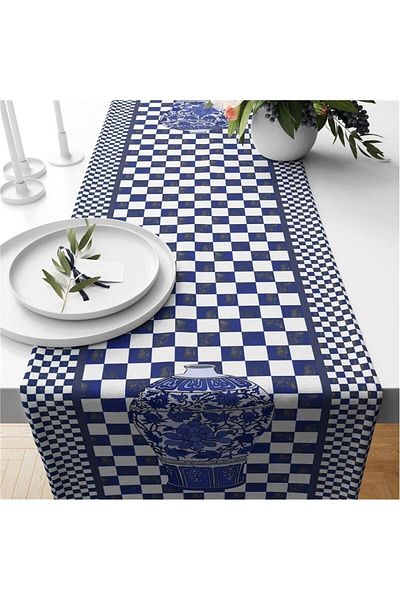Evmila Runner din catifea cu model Gingham albastru