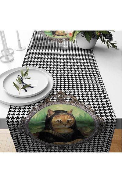 Evmila Cat Painting Patterned Velvet Runner