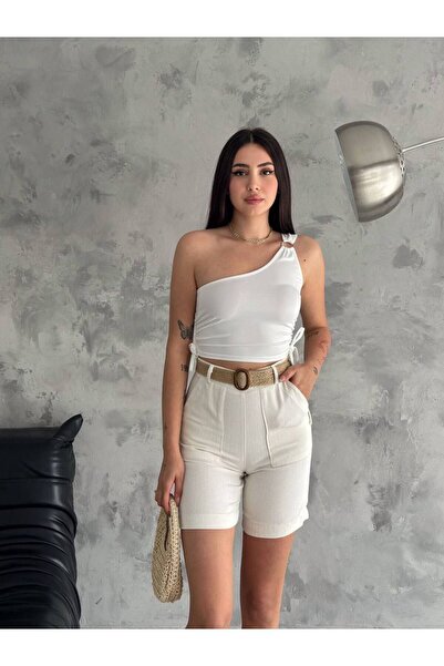 gozdefashion Kadın Hasır Kemer Detaylı Balıksırtı Keten Şort