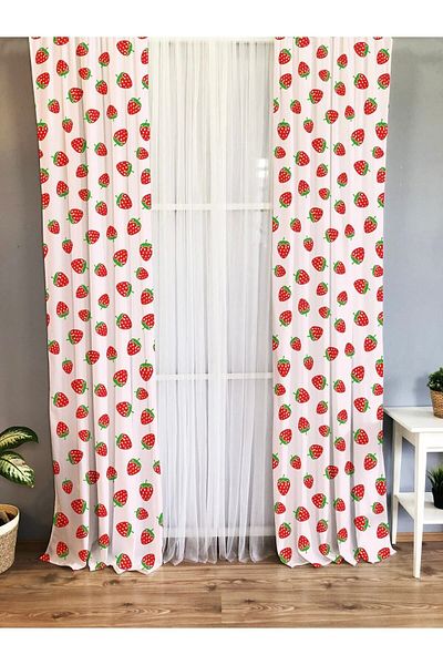 Evmila Printed Strawberry Patterned Single Wing Velvet Texture Background Curtain - White