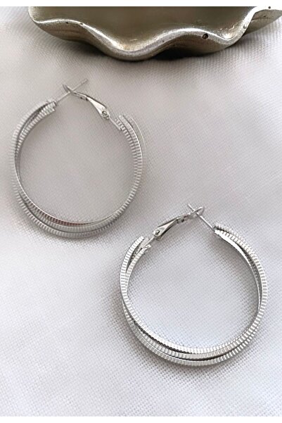VNS Accessories 4 CM Silver Earrings - Triple Appearance Serrated Hoop
