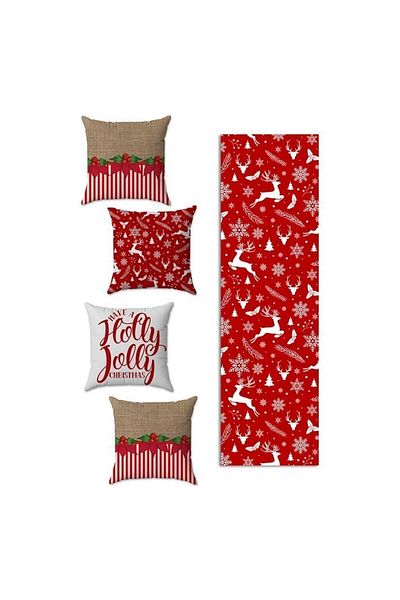 Evmila New Year's Themed 4-Piece Throw Pillow Cover and Runner 5-Piece Set