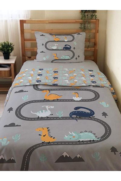 Evmila Double Sided Pathway and Dinosaur Pattern - Printed Single Duvet Cover Set Gray