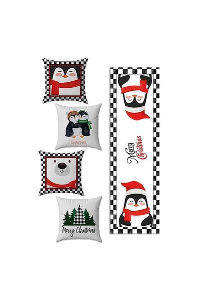 Evmila New Year's Themed 4-Piece Throw Pillow Cover and Runner 5-Piece Set