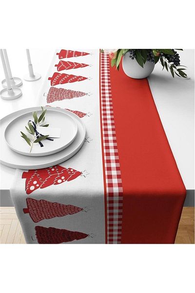 Evmila Christmas Themed Tree Patterned Velvet Runner