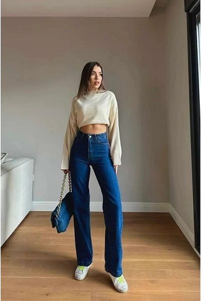 LİMABEL Blue Loose Palazzo Jeans - Women's Wide Leg Jeans