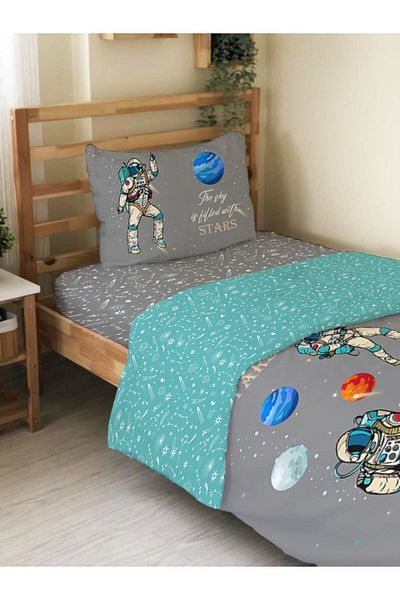 Evmila Double Sided Astronaut Patterned 2-Piece Set Without Sheets Printed Single Duvet Cover Set Gray