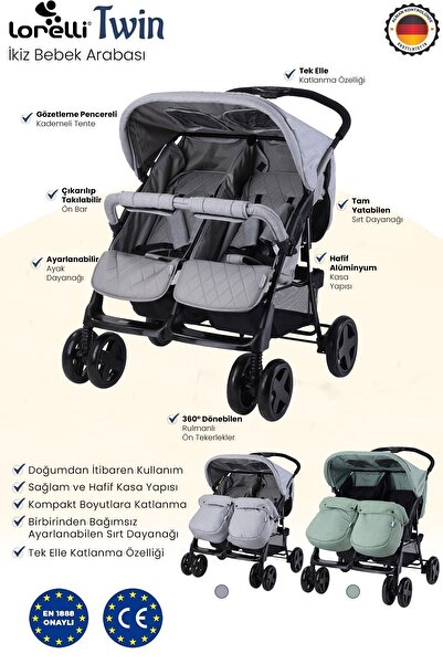 LORELLİ Twin Ikiz Bebek Arabası – Cool Grey