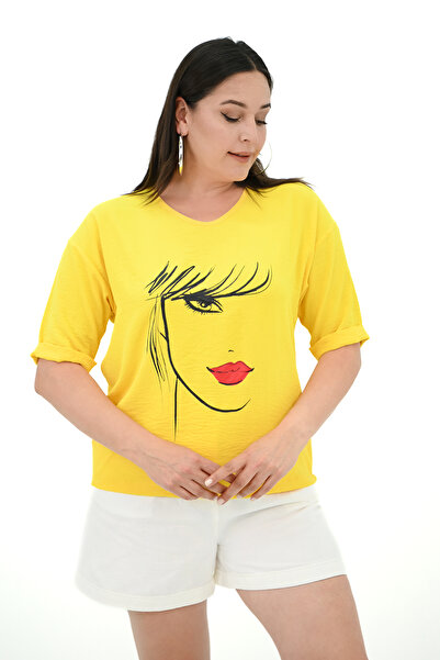 Koza Butik Large Size Face Printed Women's T-shirt - 1788-25