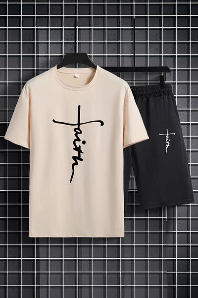 MYADA Set pentru copii cu imprimeu Faith - decolteu, pantaloni scurți elastici, set de 2 20543