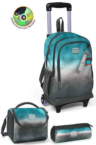 Coral High Turquoise and Gray Squeegee Patterned 3-Piece Bag Set - Three Compartment SET0123968