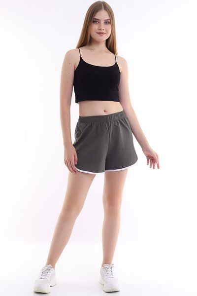 kozzy Pantaloni scurți casual mini sport kaki pentru femei, cu țevi pe laterale