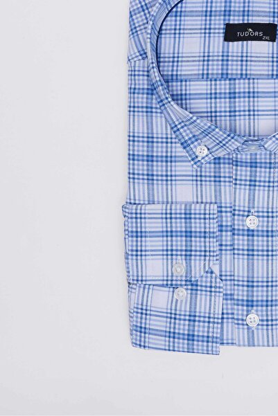Tudors Büyük Beden Düğmeli Yaka Kareli Pamuklu Erkek Gömlek