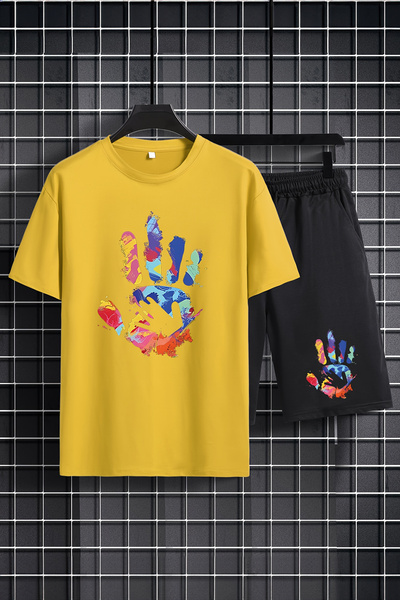 MYADA طقم أطفال مطبوع عليه بصمة يد ملونة - رقبة دائرية، شورت مرن، طقم مكون من...