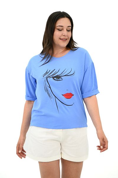Koza Butik Tricou de damă cu imprimeu cu față de mărime mare - 1788-25
