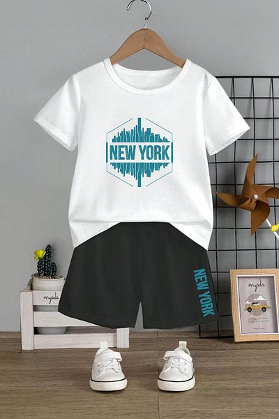 MYADA New York Printed Children's Set with Crew Neck and Elastic Shorts - 12500