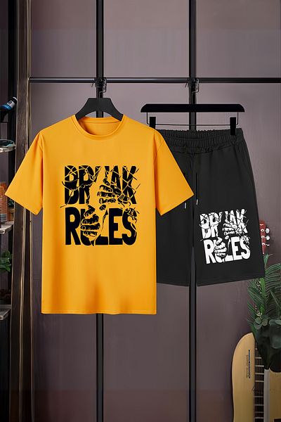 MYADA Set pentru copii cu pantaloni scurți elastici cu decolteu - Break Rules Printed Set de 2