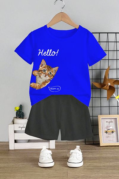 MYADA Hello Kitten Printed 2-Piece Kids Set - Crew Neck and Elastic Shorts 11106