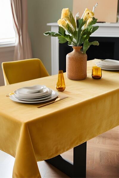 Cortibo Barcelona Dark Yellow Velvet Textured Tablecloth