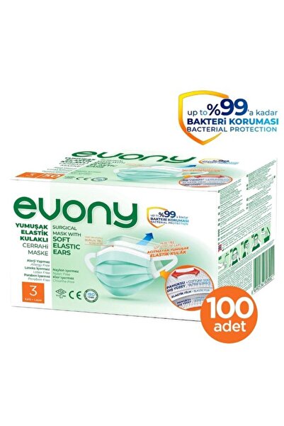 Evony Yumuşak Elastik Kulaklı 3 Katlı Telli Cerrahi Maske 100 Lü