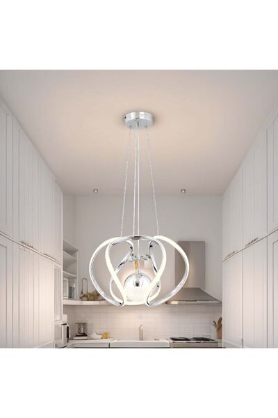 avizade Krom Kaplamalı LED Avize - Merkezde Top, Etrafında Alüminyum Profil