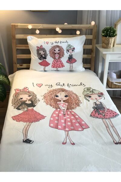 Evmila Dijital Baskı Sevimli Kızlar Örtü Yastık Seti 1432