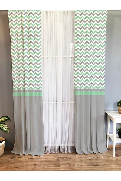 Evmila Printed Zigzag Patterned Single Wing Velvet Texture Background Curtain - Gray and Green