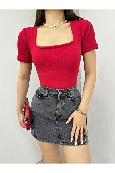 kozzy Fitted/Body Fitted Square Neck Short Sleeve Cotton Camisole Long Blouse Red (Bust Double Layer)
