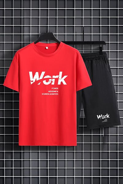 MYADA 2-Piece Elastic Shorts Set - Crew Neck, WORK Printed 20549