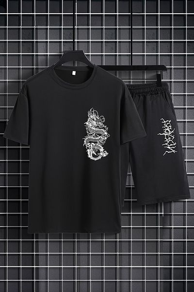 MYADA Pantaloni scurți elastici cu gât crew Set pentru copii cu imprimeu dragon - Set de 2 20556