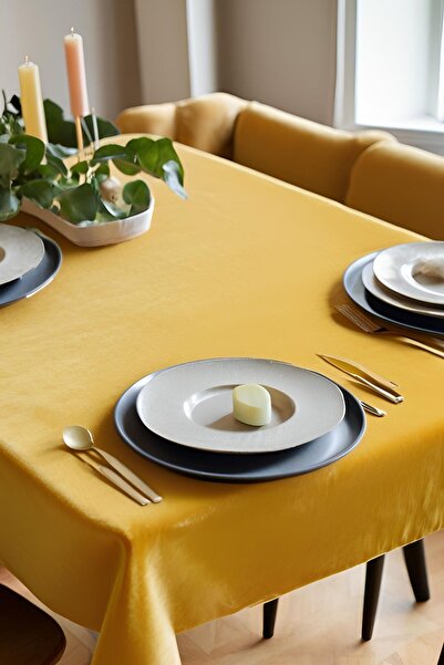 Cortibo Barcelona Dark Yellow Velvet Textured Tablecloth