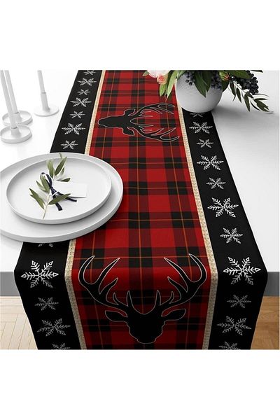 Evmila Christmas Themed Velvet Runner with Deer and Plaid Pattern