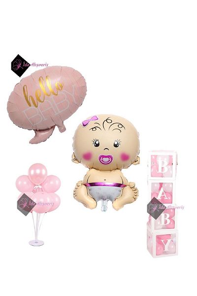 Bkmc Luxury Hospital Decoration Set for Baby Girl - Hello Baby Foil 4 Baby Box and 7-Piece Stand