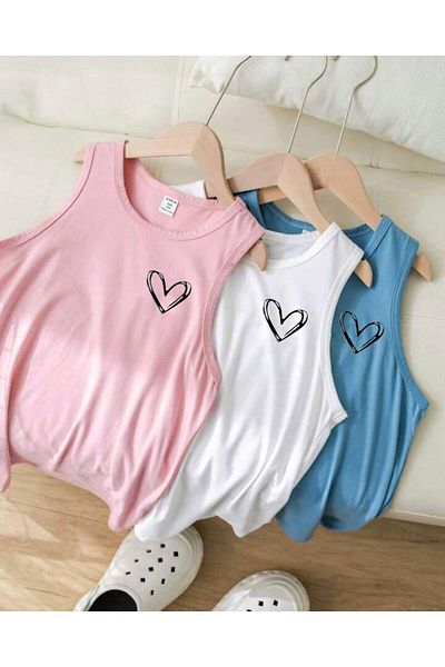 MORNİNG KİDS Pachet de 3 pentru fete - Tricou cu imprimeu cu inimă minimă (alb, roz, albastru bebeluș)