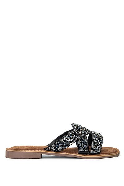 LAZAMANİ Lazamani Black Genuine Leather Women's Flat Slippers