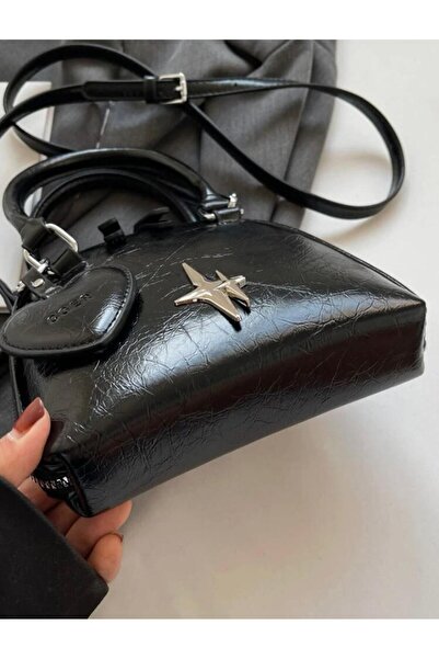 Accessories Moon Home Collection - Black Patent Leather Mini Women's Bag with Strap Detail