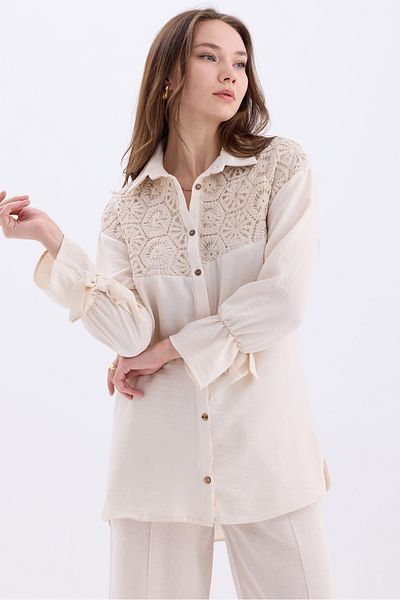 MD trend Oversize Linen Women's Shirt with Brode Detail and Slits - Gathered Sleeve