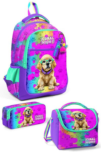 Coral High Geantă de școală din 3 piese cu model de câine violet și roz - SET 0123649