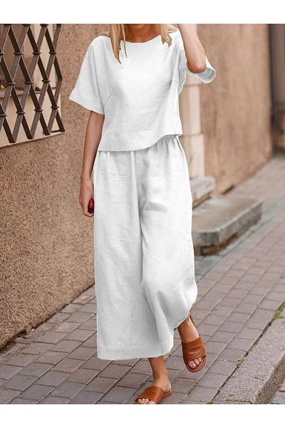 1tarz Mybrand Linen Women's Double Suit - Comfortable Elastic Waist Casual Set