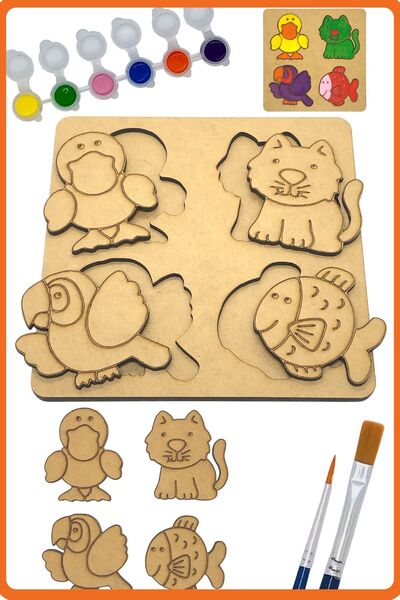 Genel Markalar Çocuklar Için Ördek Kedi Papağan Balık Figürlü Puzzle Ahşap Bo...