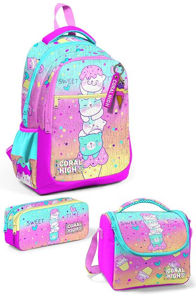 Coral High Set de 3 ghiozdane colorate cu model de pisici cu inghetata - SET 0123648
