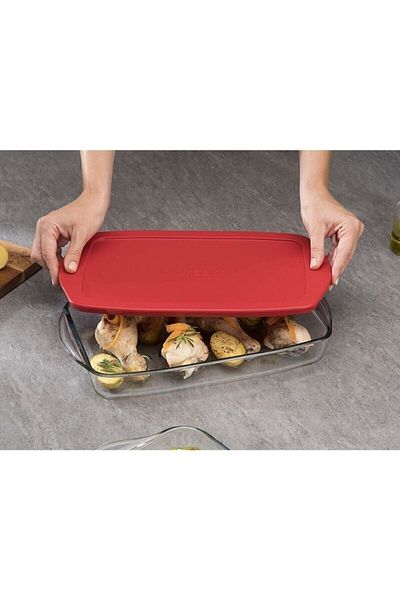 Paşabahçe Red Covered Rectangular Pyrex 2-Piece 3800 Cc - 1950 Cc