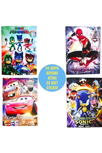 Hümasel Örümcek Adam -pijamaskeliler-şimşek Mcqueen Sonıc Dörtlü Boyama Kitabı 80 Adet Stıcker Set