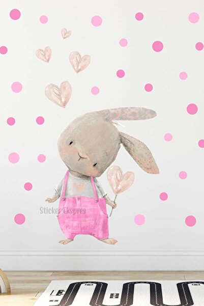 Sticker Ekspres Pembe Tulumlu Tavşan Ve Puantiyeler Çocuk Odası Duvar Sticker...