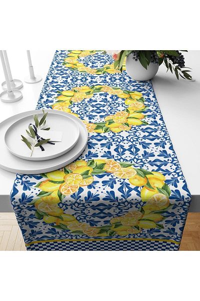 Evmila Runner din catifea albastră cu model de lămâie - Gingham