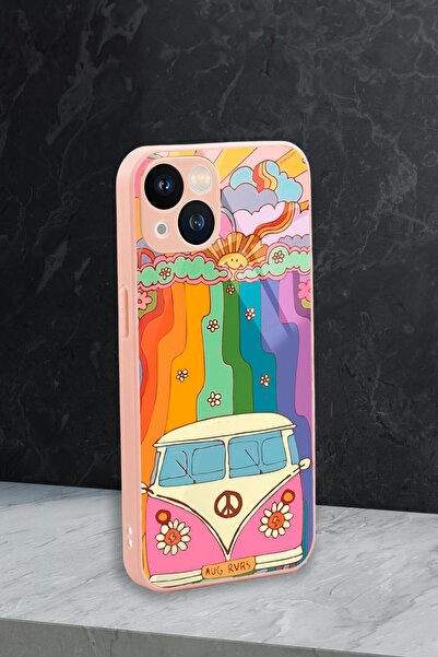 mooodcase iPhone 13 Uyumlu Sevimi Karavan Desenli Glossy Glass Kamera Korumalı Silikonlu Telefon Kılıfı