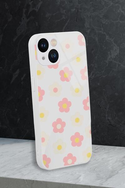 mooodcase iPhone 13 Uyumlu Minik Çiçekler Desenli Glossy Glass Kamera Korumalı Silikonlu Telefon Kılıfı